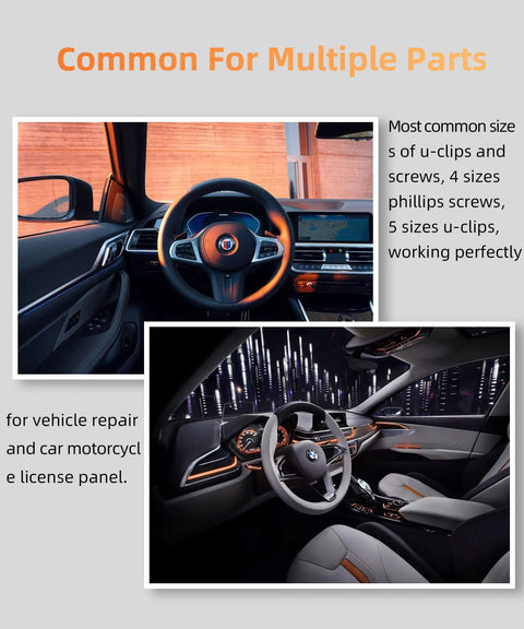 Car interior with dashboard, suitable for 170 Piece U Clip And Screw Kit For Car Interior Fasteners, Self Tapping Screws And U Nuts
