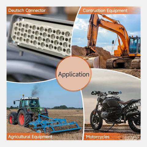 Applications of Ratchet Crimp Tool for Deutsch DT 16 Contacts in construction, agriculture, motorcycles, and connectors.