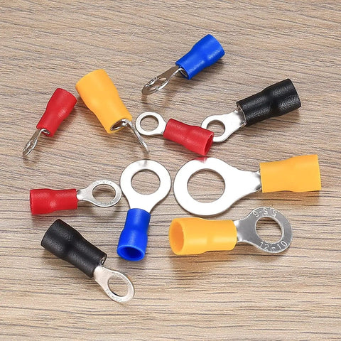 Assorted connectors from 102 Piece Wire Terminal Crimp Kit Must Have With Insulated O Ring Connectors, Mixed Quick Disconnects, Copper Contacts
