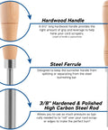 Close-up of cabinet scraper burnisher with wooden handle, steel ferrule, and polished high carbon steel rod for woodworking set.