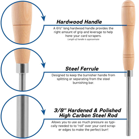 Close-up of cabinet scraper burnisher with wooden handle, steel ferrule, and polished high carbon steel rod for woodworking set.