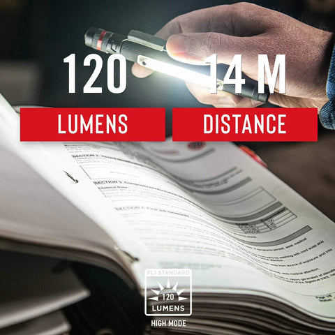 Pocket Sized Magnetic LED Penlight With Dual Power Alkaline Battery And COB Area Light illuminating a book.