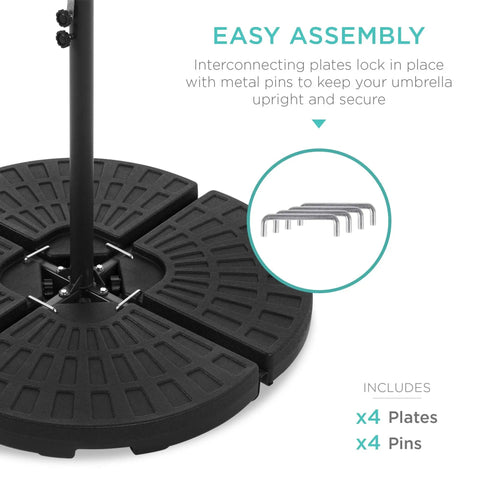 4 Piece 158 Pound Cantilever Offset Patio Umbrella Base Stand With Carry Handles Easy Fill Spouts Base Connector Hooks Built To Last UV Protected HDPE Construction Circular Base For Cross Bases Up To 11 Inches Black with interlocking plates and metal pins shown