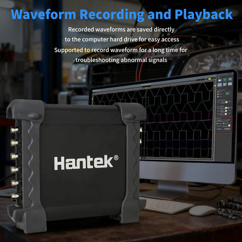 8 Channel USB Automotive Diagnostic Oscilloscope With DAQ And Programmable Signal Generator For Cars And Trucks, Real Time Waveforms, Ignition, Sensor And Bus Diagnostics, Probes Included on a desk with waveform display