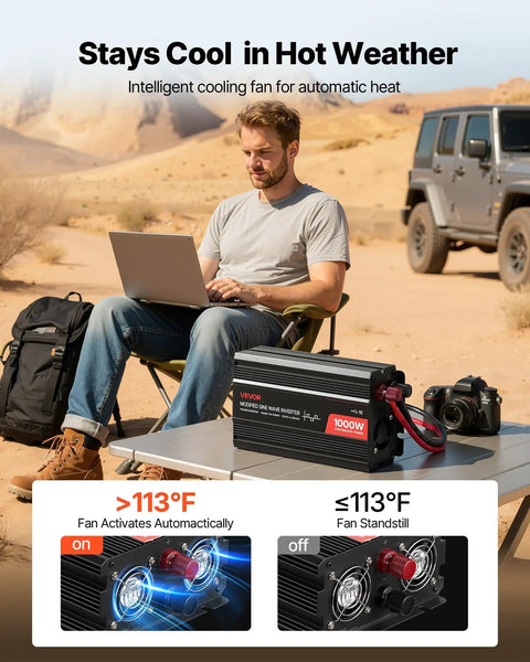 Man using 1000W 12V DC To 120V AC Modified Sine Wave Inverter With Dual AC Outlets, USB And Type C Charging Ports in desert setting