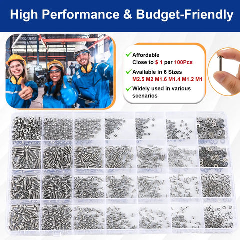 Ultimate Small Metric Screws And Nuts Assortment Kit For Arduino Electronics And RC DIY Projects 1670 Pieces 304 Stainless Steel M1 To M2.5 Phillips Pan Head Micro Screws With Nuts And Washers displayed in labeled compartments with workers in the background.