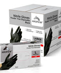 Packaging of Black Nitrile Gloves Powder Free 4 Mil Medium, durable disposable gloves for industrial and home use.