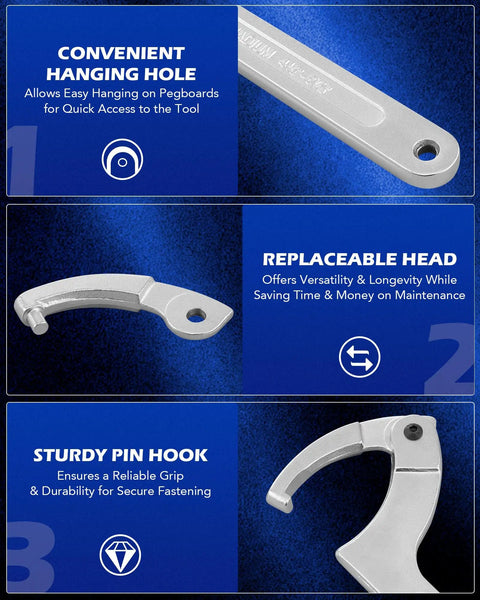 All-In-One Adjustable Pin Spanner Wrench Set with Changeable Heads, featuring convenient hanging hole, replaceable head