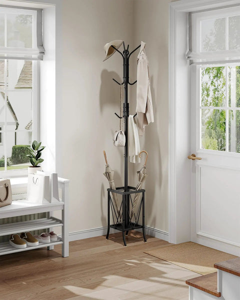 Freestanding Coat Rack With Umbrella Holder And Twelve Hooks, Entryway Hanger Stand in black metal by a window and door