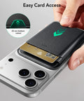 Slim MagSafe Card Wallet With RFID Blocking, Holds Up To 5 Cards on iPhone with visible card and hand interaction, black