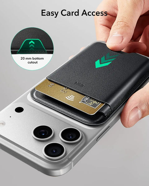 Slim MagSafe Card Wallet With RFID Blocking, Holds Up To 5 Cards on iPhone with visible card and hand interaction, black