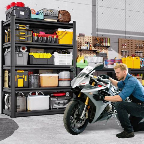 Beefy 5-Tier Heavy Duty Garage Shelving Unit With Adjustable Shelves All Metal Rack Holds Up To 2500 Lbs Great For Tools Bins And Bulk Items In Garage Workshop Basement Or Pantry 71H X 46W X 20D in garage with tools and bins