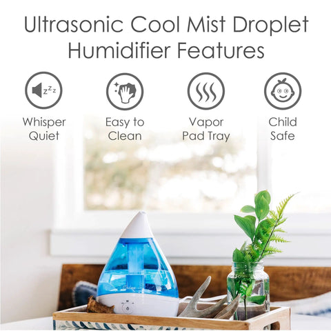 Product features of Droplet Ultrasonic Cool Mist Humidifier For Bedroom And Office 0.5 Gallon Mini Humidifier on a tray