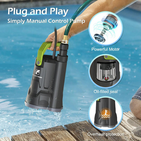0.5 HP Submersible Sump Pump With 2500 GPH For Basement, Pool, Garden And Pond Drainage, One And One Quarter Inch Discharge, 16.4 Ft Cord, Includes Adapters, Check Valve And Rope, Gets The Job Done Manual Control shown in use by pool.