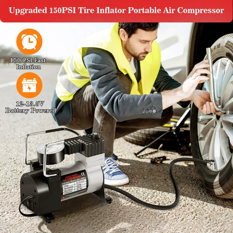 Roadside Emergency Kit For Cars And Trucks with air compressor in use, tire inflation, outdoor road setting.