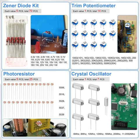 Image of 1780 Piece DIY Electronics Kit With Resistors Capacitors LED Diodes Transistors ICs Dupont Wire Breadboards PCBs Potentiometers.