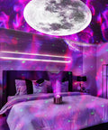 Bedroom illuminated by 15 In 1 Star Projector With Remote, Galaxy Night Light And Moon Light, Bluetooth Speaker, creating starry sky vibe.