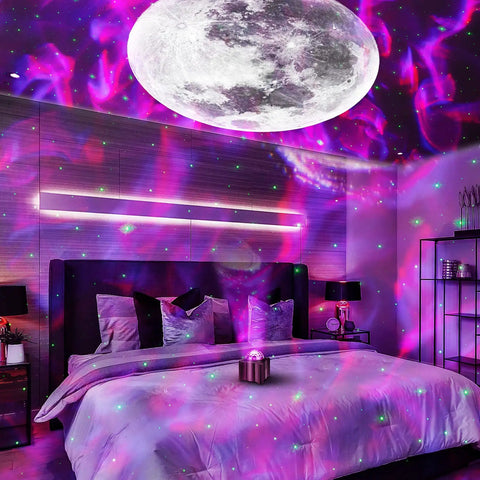 Bedroom illuminated by 15 In 1 Star Projector With Remote, Galaxy Night Light And Moon Light, Bluetooth Speaker, creating starry sky vibe.