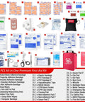 Grab and Go First Aid Kit With Rapid Response Labeled Compartments Compact Waterproof Emergency Kit contents displayed.