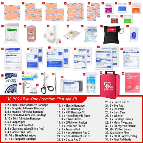 Grab and Go First Aid Kit With Rapid Response Labeled Compartments Compact Waterproof Emergency Kit contents displayed.