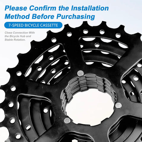 Close-up of 7 Speed Bike Cassette 11-28T Sprocket For Mountain And Folding Bikes Beefed Up Steel Build, black finish