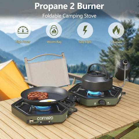 Propane Two-Burner Camping Stove With Carrying Bag And Gas Stove Pressure Regulator Folding Camp Stove Flick-Style Ignition