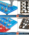 Close-up of 62 Nut And Bolt Thread Checker Gauge With Standard And Metric Sizing, dual-board design, shown in blue and red metal.