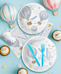 Hot Air Balloon 1st Birthday Party Supplies Set For Boys Mr Onederful Themed Tableware Pack Including Plates Napkins Cups And Cutlery In Blue For 24 Guests Lil Man Approved, featuring plates, napkins, cups, cutlery with balloon design.