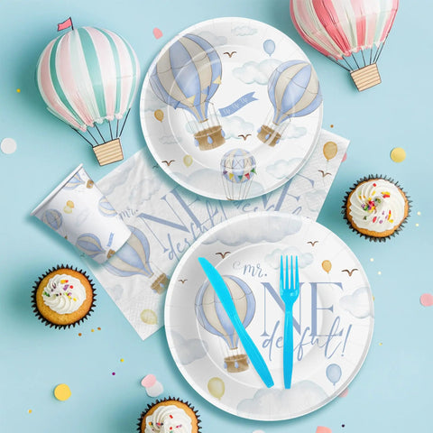 Hot Air Balloon 1st Birthday Party Supplies Set For Boys Mr Onederful Themed Tableware Pack Including Plates Napkins Cups And Cutlery In Blue For 24 Guests Lil Man Approved, featuring plates, napkins, cups, cutlery with balloon design.