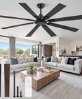 65 Inch No Light Ceiling Fan With Remote In Black, Large Indoor Outdoor Ceiling Fan With Quiet Reversible DC Motor