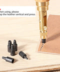 Slick Wooden Handle Bookbinding Tool With Six Interchangeable Tips Adjustable Leather Hole Punch in use on leather for stitching.