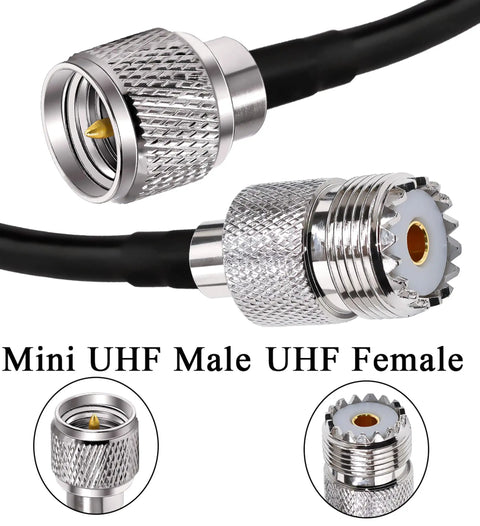 Close-up of Mini UHF to UHF extension cable connectors, PL259 male to SO239 female, for CB radios, 12 inch coax jumper RG58 50 Ohm.