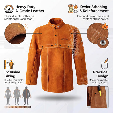 Leather Welding Jacket With Open Back And Cape Sleeve, Bib Apron Style Welder Coat, Heat And Flame Resistant Heavy Duty Cowhide Workwear For Welders, Durable Protective Gear Medium