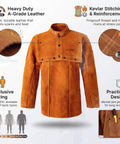 Leather Welding Jacket With Open Back And Bib Apron Cape Sleeves displayed with features like Kevlar stitching and fireproof thread.