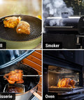 Four cooking methods: grilling meat on grill, smoking meat in smoker, roasting chicken in rotisserie, baking chicken in oven.