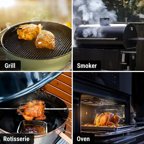 Four cooking methods: grilling meat on grill, smoking meat in smoker, roasting chicken in rotisserie, baking chicken in oven.
