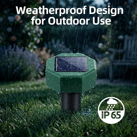Eight Pack Solar Powered Ultrasonic Pest Deterrents in wet lawn, close-up showing IP65 waterproof stake with solar panel