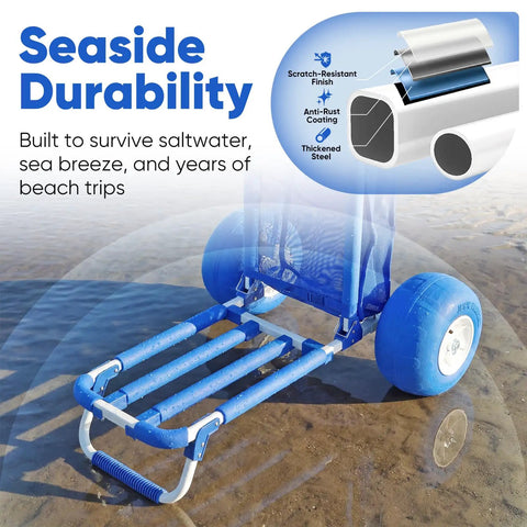Massive Heavy Duty Beach Wagon With 12 Inch Big Wheels For Sand Balloon Tires Collapsible Utility Cart Foldable Outdoor Wagon For Camping Fishing And Groceries Blue, showing blue frame and tires on wet sand.