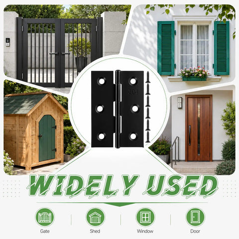 20 Pack Black 3 Inch Door Hinges Stainless Steel 304 With 120 Screws for gates, sheds, windows, and doors.