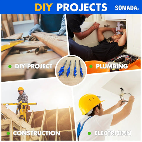Collage of DIY projects showcasing Woodworking Auger Drill Bit Set For Wood 4 Piece Includes 1/2 Inch 5/8 Inch 3/4 Inch And 1 Inch Sizes
