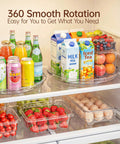 Smooth Operator 12 in Lazy Susan Turntable 4 Pack Crystal Clear BPA Free Plastic Pantry Cabinet Organizer for Spice Rack 360 Spin with organized drinks and fruit.