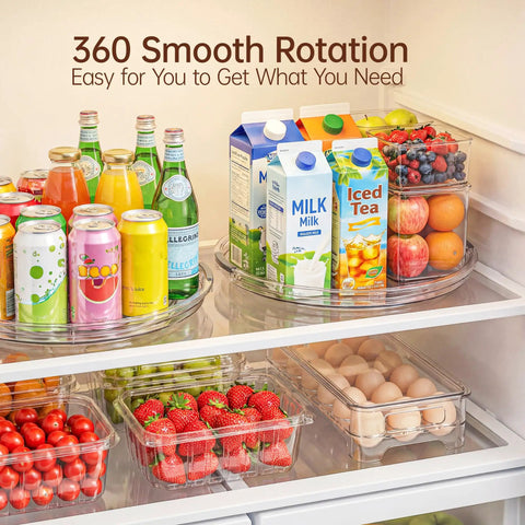 Smooth Operator 12 in Lazy Susan Turntable 4 Pack Crystal Clear BPA Free Plastic Pantry Cabinet Organizer for Spice Rack 360 Spin with organized drinks and fruit.