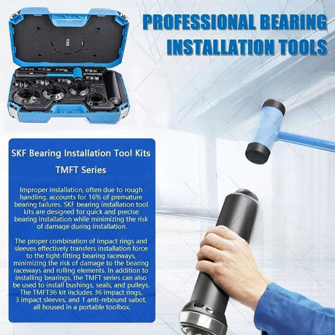 Open kit showing Easy Bearing Install And Removal Kit With 36 Impact Rings And 3 Impact Tools, 10 To 55 Mm Bore, Pro Grade.