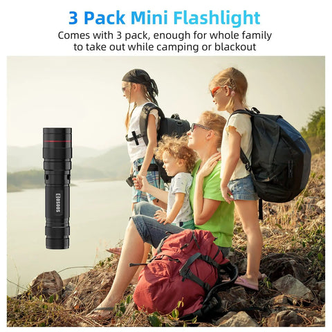 Family with backpacks sitting outdoors highlighting High Lumen Tactical Flashlight With Holster Zoomable Waterproof For Hiking And Camping EDC Ready Outdoor Gear Essential 5 Mode Brightness Rechargeable Battery No AAA Battery Required.
