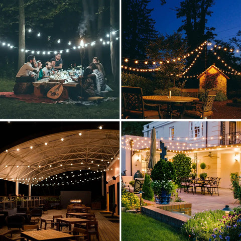 Outdoor spaces lit by Solar String Lights Outdoor 100ft G40 Globe Bulbs, showing dimmable LEDs and solar power options in various settings.