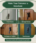 Black Cast Iron Squirrel Shaped Door Knocker With Mounting Hardware on various front doors and homes.