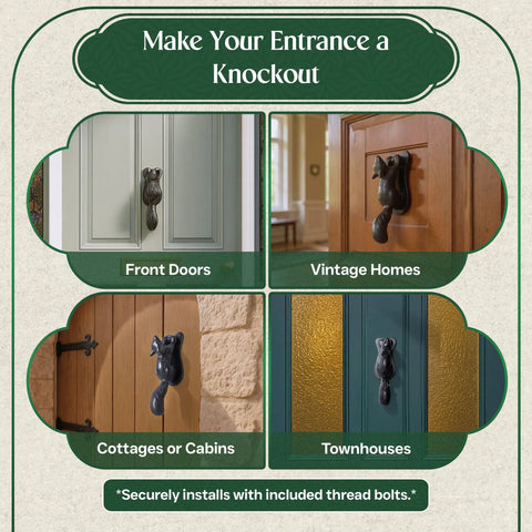 Black Cast Iron Squirrel Shaped Door Knocker With Mounting Hardware on various front doors and homes.