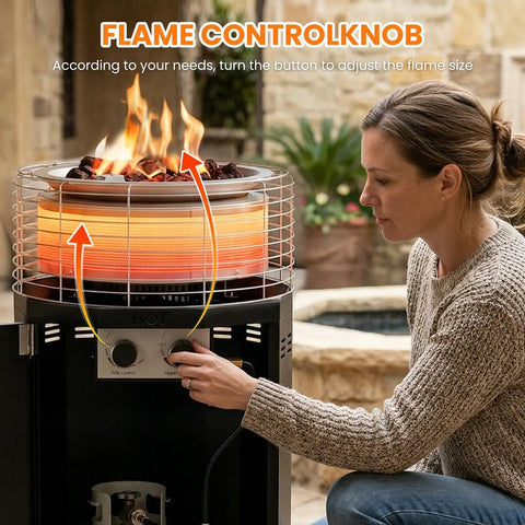 Woman using knob on Outdoor Patio Heater And Smokeless Fire Pit 2 In 1 Propane Heater With 56,000 BTU for Backyard Hangouts.