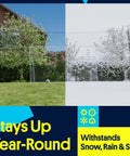 Backyard 3-In-1 Soccer Goal With Rebounder And Backstop Net For Solo Training And Team Practice, large outdoor net in yard during different seasons