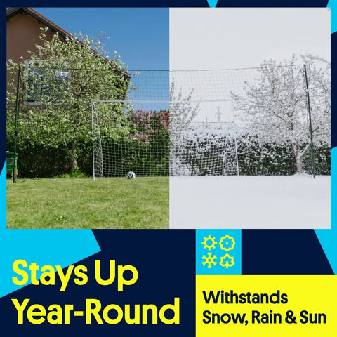 Backyard 3-In-1 Soccer Goal With Rebounder And Backstop Net For Solo Training And Team Practice, large outdoor net in yard during different seasons